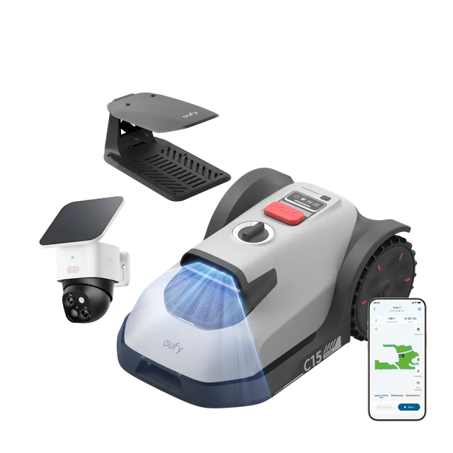 eufy-robot-tondeuse-c15-avec-abri-pluie-solocam-s340-2k-ptz image 1