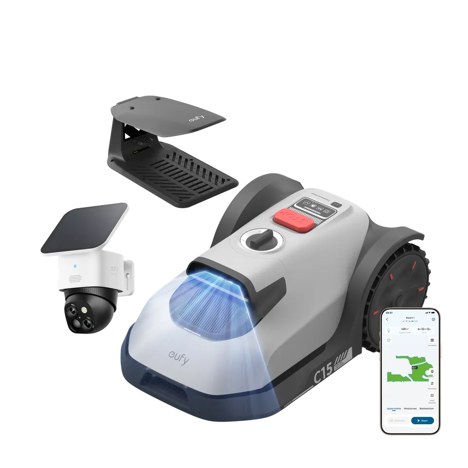eufy-robot-tondeuse-c15-avec-abri-pluie-solocam-s340-2k-ptz image 1