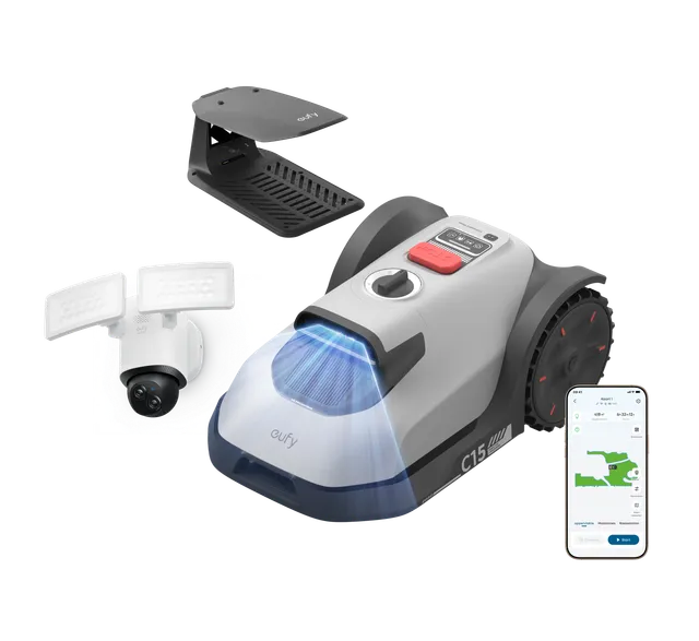 eufy-robot-tondeuse-c15-vision-housse-de-pluie-cam-ra-floodlight-e340-pack-jardi image 1