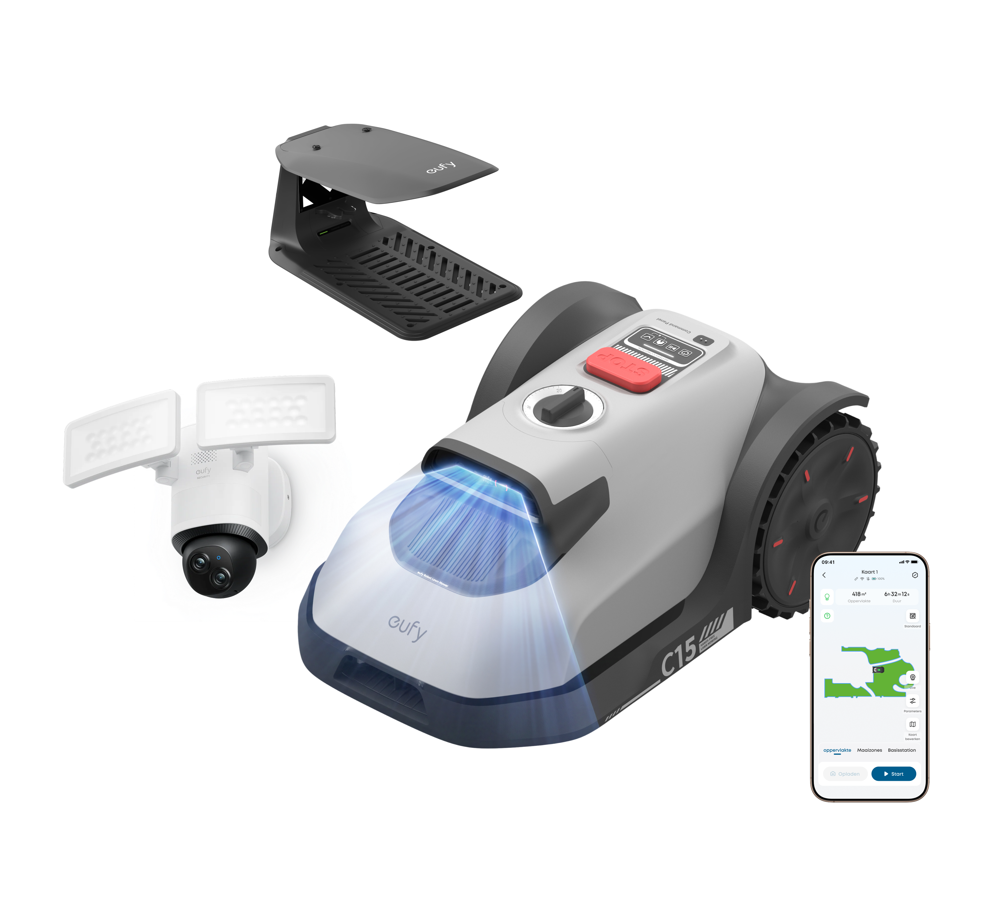eufy-robot-tondeuse-c15-vision-housse-de-pluie-cam-ra-floodlight-e340-pack-jardi image 1