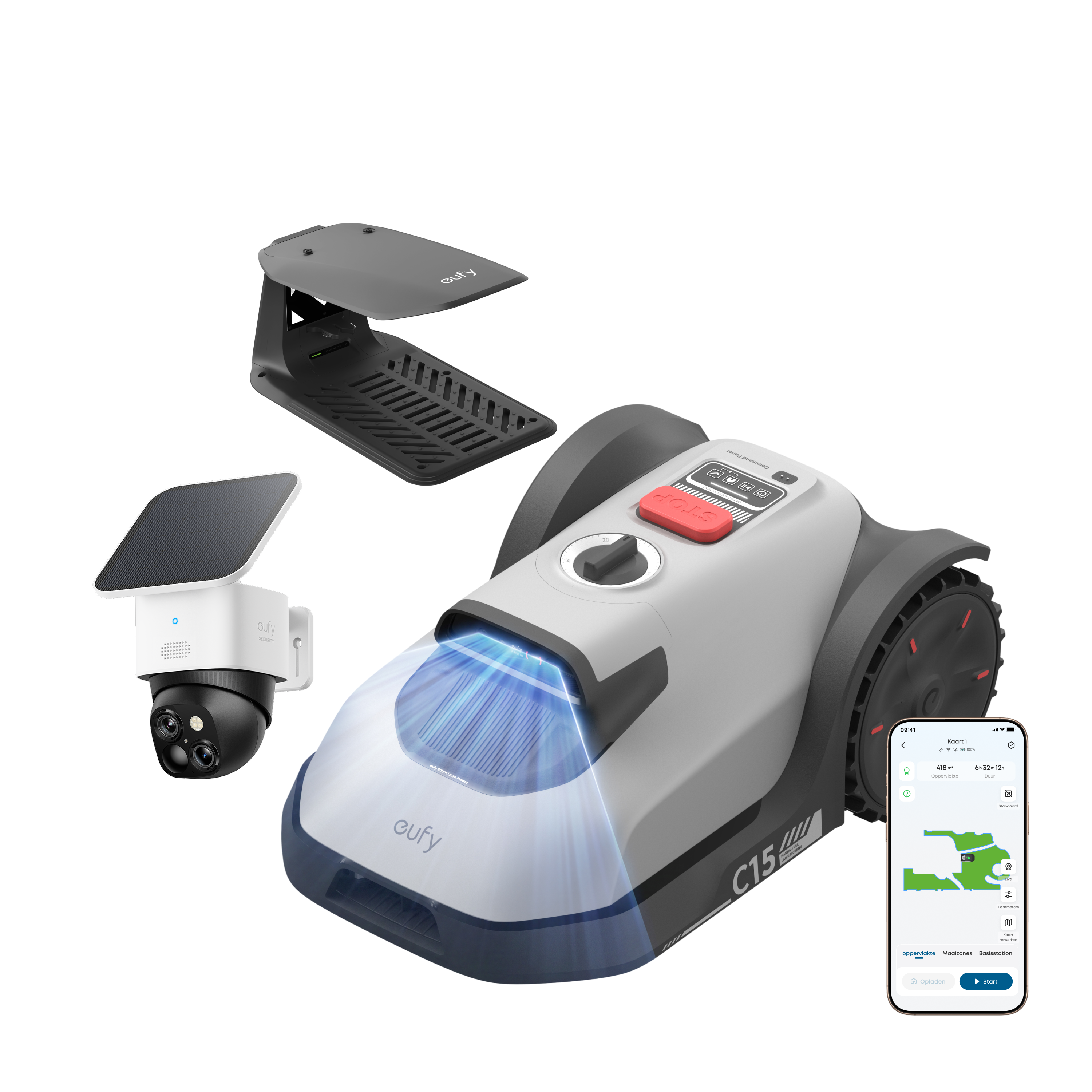 eufy-robot-tondeuse-c15-avec-abri-pluie-solocam-s340-2k-ptz image 1